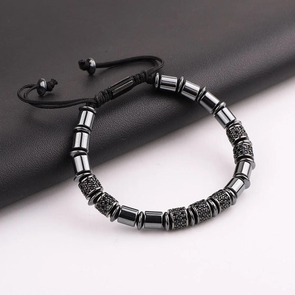 High Quality Luxury Men Jewelry Bracelet CZ Tube Gold Color Beaded Macrame Bracelet Men Women - Image 2