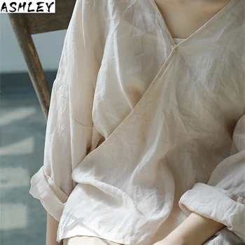 

Summer Cotton Spring Linen Comfortable All-match Lace Up Shirt 2020 New Color V-neck Button Women Irregular Shirts