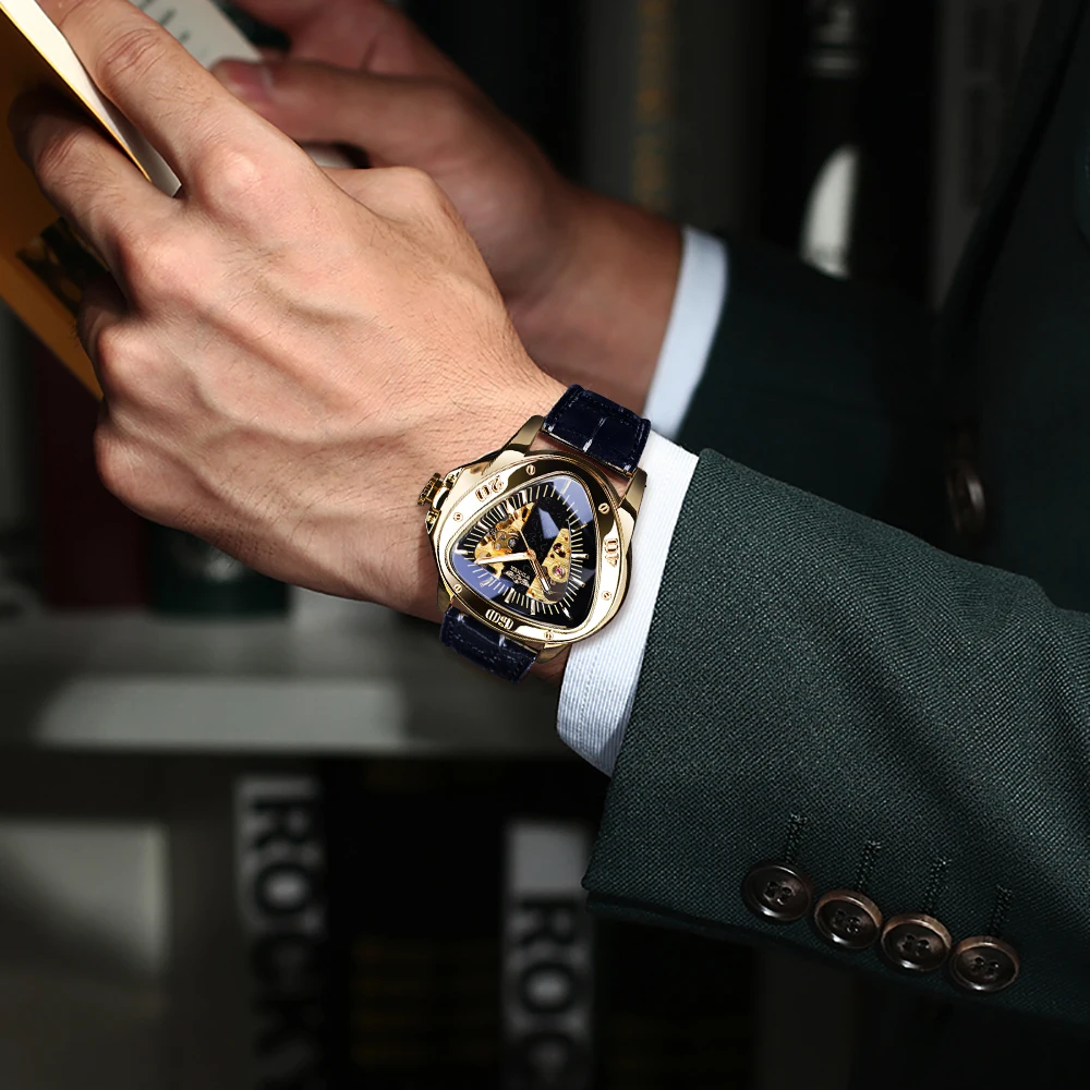 Winner Steampunk Fashion Triangle Golden Skeleton Movement Mysterious Men Automatic Mechanical Wrist Watches Top Brand Luxury mechanical watch