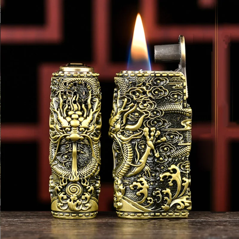 

Vintage Copper Heavy Armor Kerosene Oil Lighters Luxurious Dragon Relief Flint Grinding Wheel Windproof Cigarette Lighter Gift