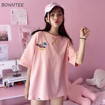 

T-shirts Women Printed Simple O-Neck All-match Korean Style Trendy Students Summer Breathable Womens Leisure Short Sleeve Pink