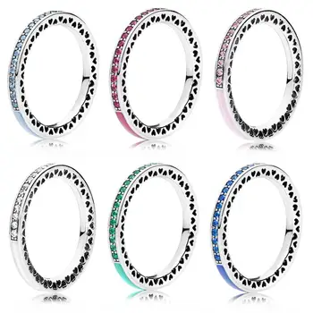 

Authentic 925 Sterling Silver Ring Multi-Color Enamel Love Heart Hollow And Shiny Suitable For Original Women'S Wedding Rings