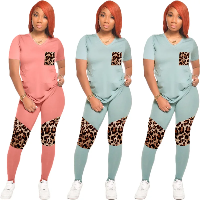 

Autumn New Women's Suit European and American Casual Leopard Stitching V-neck Large Size T-shirt Trousers Two-Piece Set