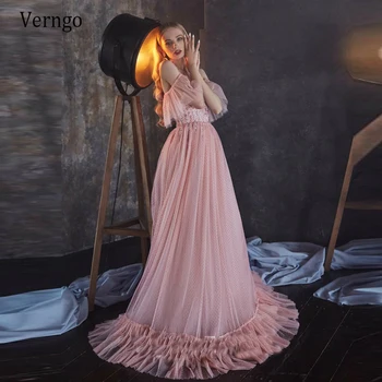 

Verngo Elegant Pink Dot Tulle A Line Long Prom Dresses With Short Sleeves Wine Red Prom Gowns New 2021 Vestido de fiesta