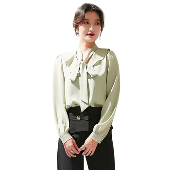 

2020 WOMEN spring new Korean women's lace-up ruffle shirt loose V-neck temperament solid color chiffon shirt women