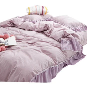 

Simple autumn and winter solid color small fresh pleated lace + tassel cotton lace four-piece bamboo cotton quilt