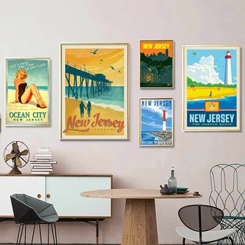 

America New Jersey Sunny Beach Vintage Travel Posters Canvas Painting Kraft Poster Coated Wall Sticker Home Decoration Gift