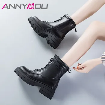

ANNYMOLI Real Leather Ankle Boots Woman Platform High Heel Motorcycle Boots Zip Block Heel Short Boots Lace Up Female Shoes 40
