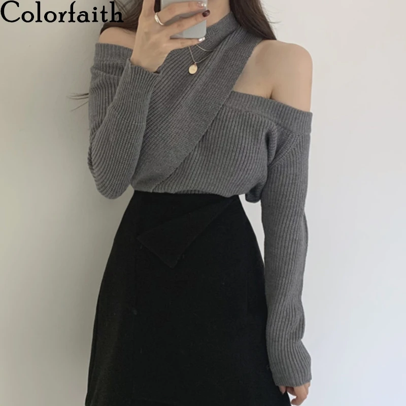 Colorfaith New 2021 Winter Spring Women Sweater Knitted Cutout Sexy Off Shoulder Cross Korean Style Wild Warm Lady Tops SW0315 | Женская