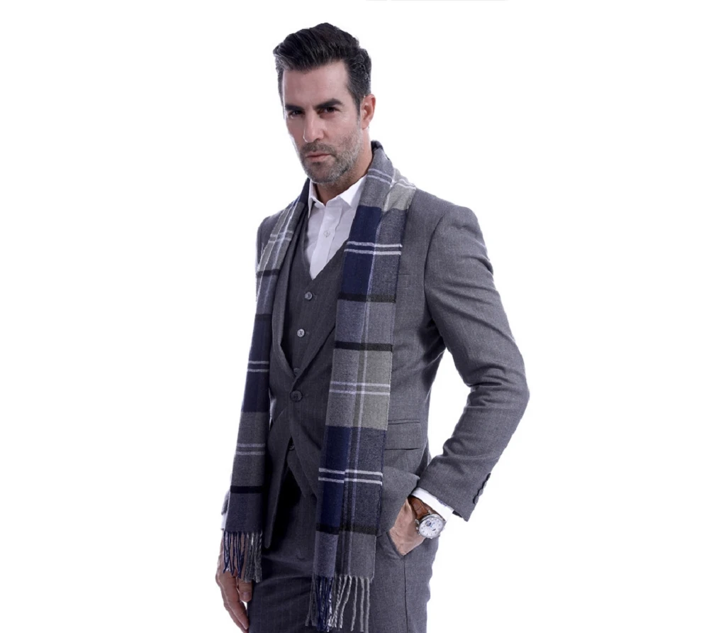 Mens Fine Soft Scarf Wool Spinning Check Plaid Warm Shawl Neck Wrap Business Casual |