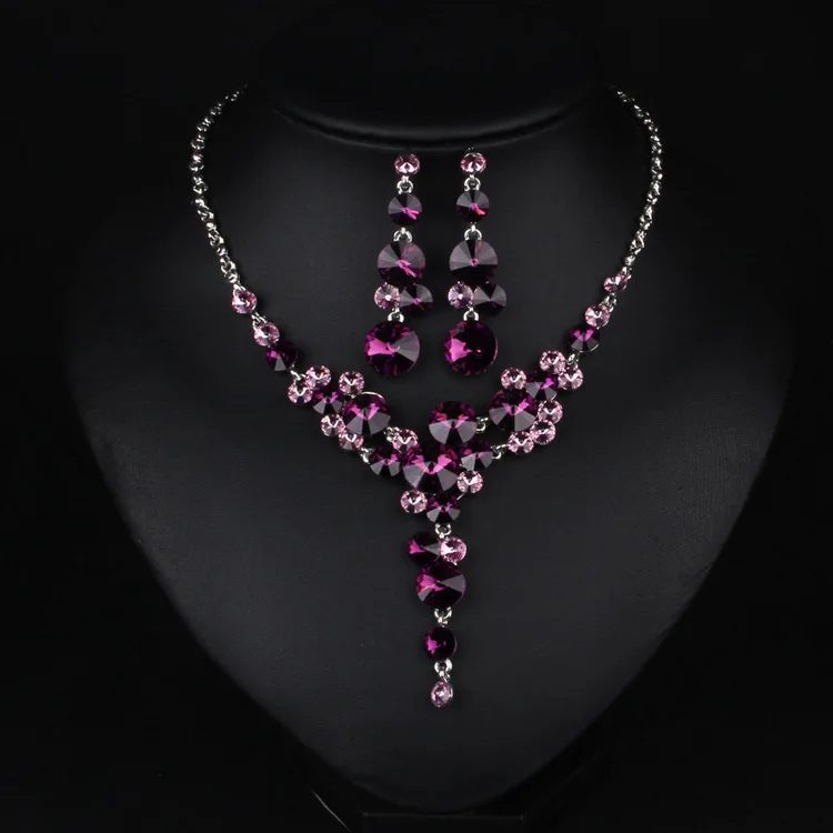 

2019 Purple Crystal Bridal Jewelry Set for Women Simple Cute Round Rhinestone Necklace Earrings Sets Wedding Dress Accessories