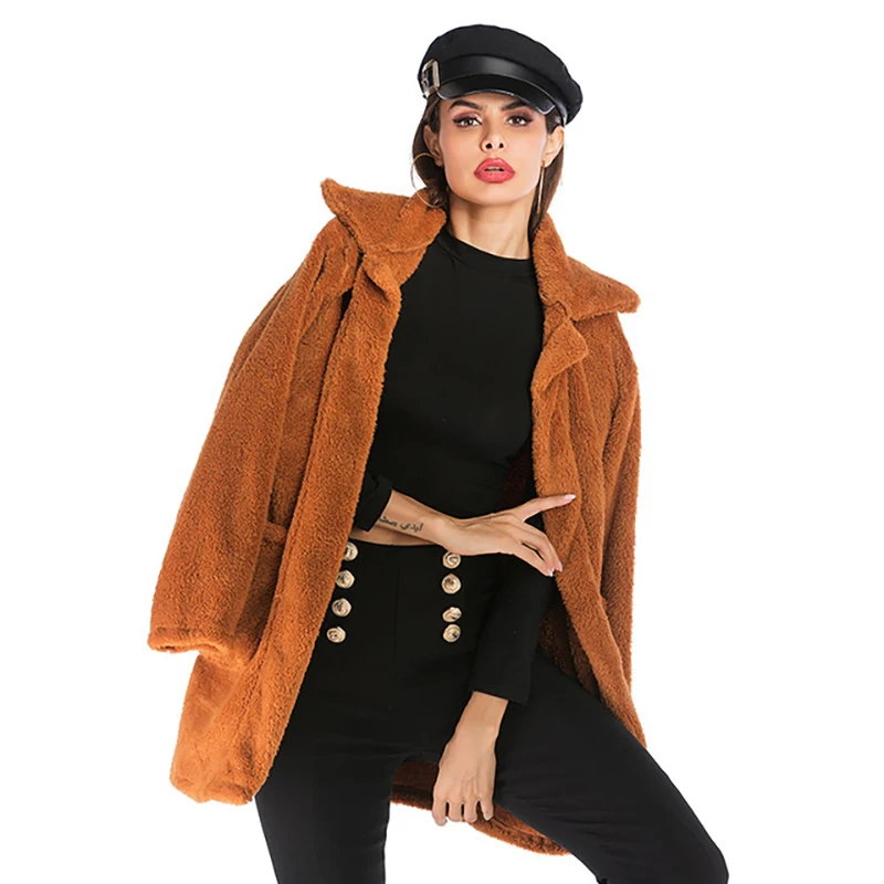 S-XL, женское повседневное осеннее и зимнее пальто, флисовое пальто с отворотом, коричневое однотонное пальто с плюшевым мишкой, тонкое пальто с искусственным мехом, Женское пальто с плюшевым мишкой