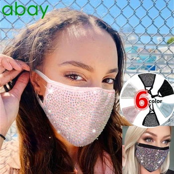 

Pink Mix size Crystal Face Mask For Girl Women Lady Double layer Cotton Mask Bling Bling Rhinestone Winter Mouth Mask Christmas