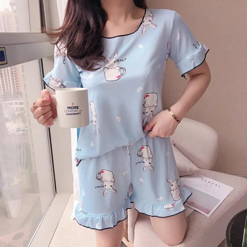 Cute Women Cartoon Kawaii Sleepwear Summer Print T-shirt Tops+ Elastic Waist Casual Loose Shorts Pajama Sets Home Clothing