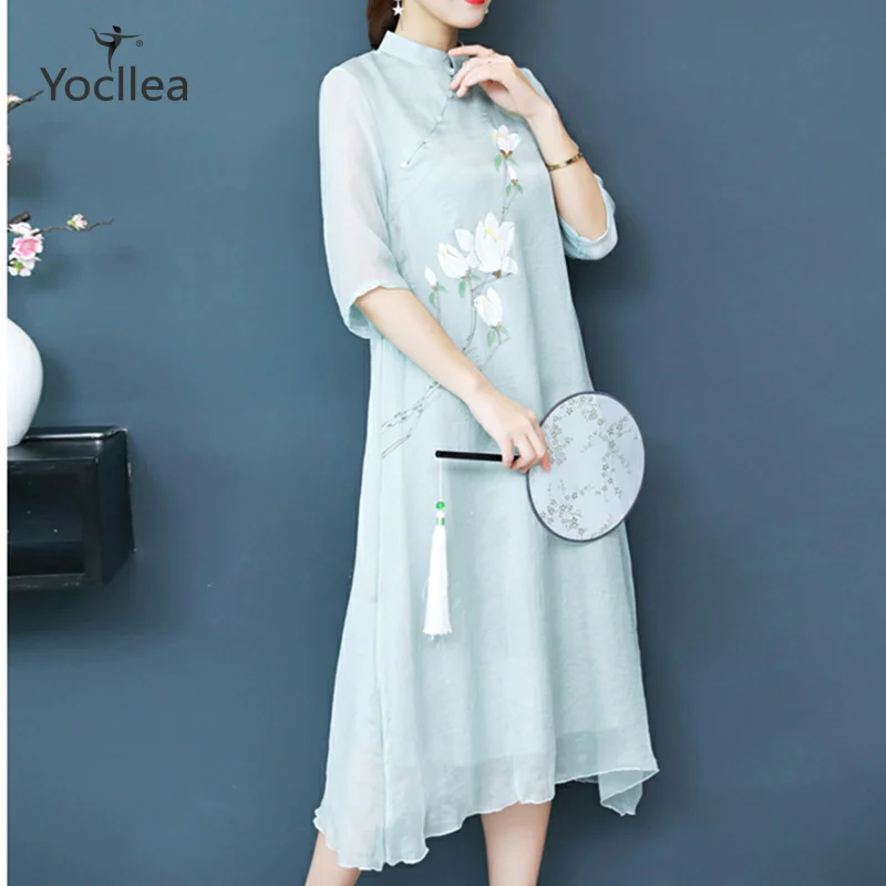 Qipao, шифоновое летнее платье, женское, ручная роспись, магнолия, классическое, китайское, длинное, чайное платье, Вьетнам, Aodai vestidos