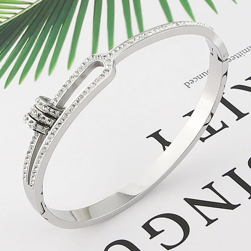 Stainless Steel Three Circles Crystal Bangle Bracelet Half Hollow Design For Women's Love Gifts