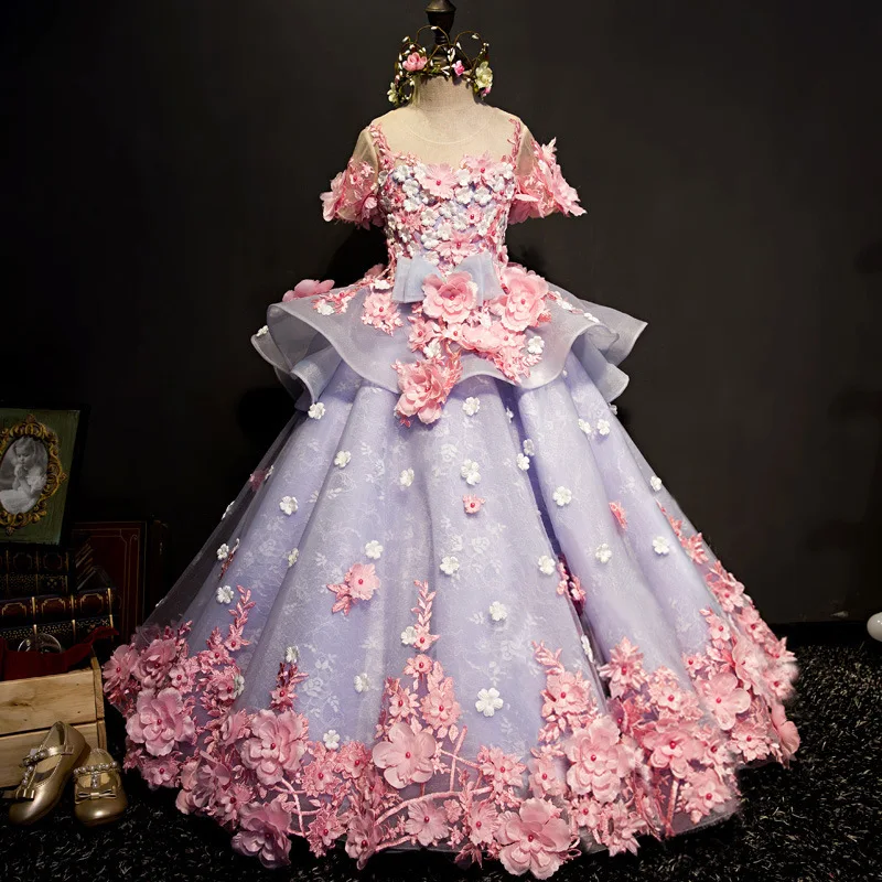 

Flower Girl Dresses Cute Tulle Formal Long Beaded Pageant Gowns For Girls Floor Length