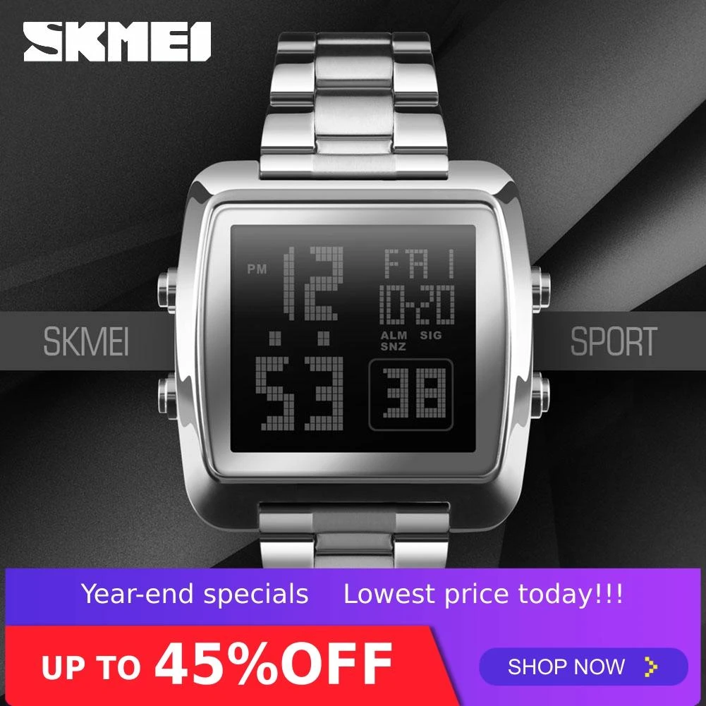 SKMEI männer Digitale Armbanduhr 30M Wasserdicht Sport Armbanduhr Square  Zifferblatt Edelstahl Band Mann Uhr 1369|Digital Watches| - AliExpress