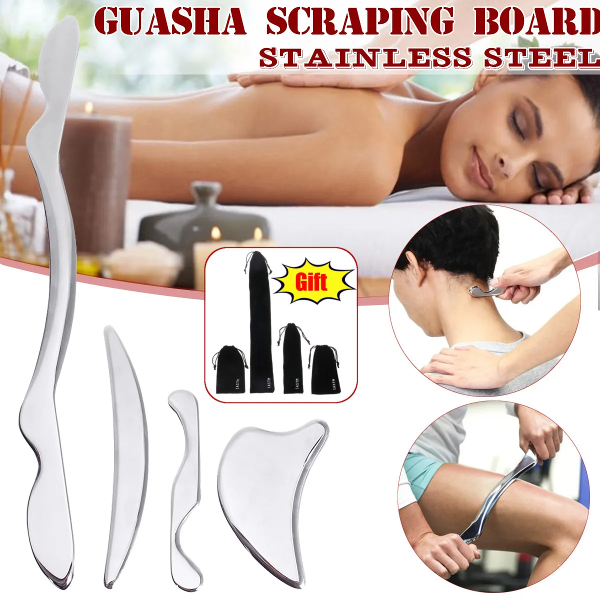 

4Pcs Stainless Steel Guasha Massage Gua Sha Scraping Board Tool SPA Health Care High Quality Gua Sha Tools Set New