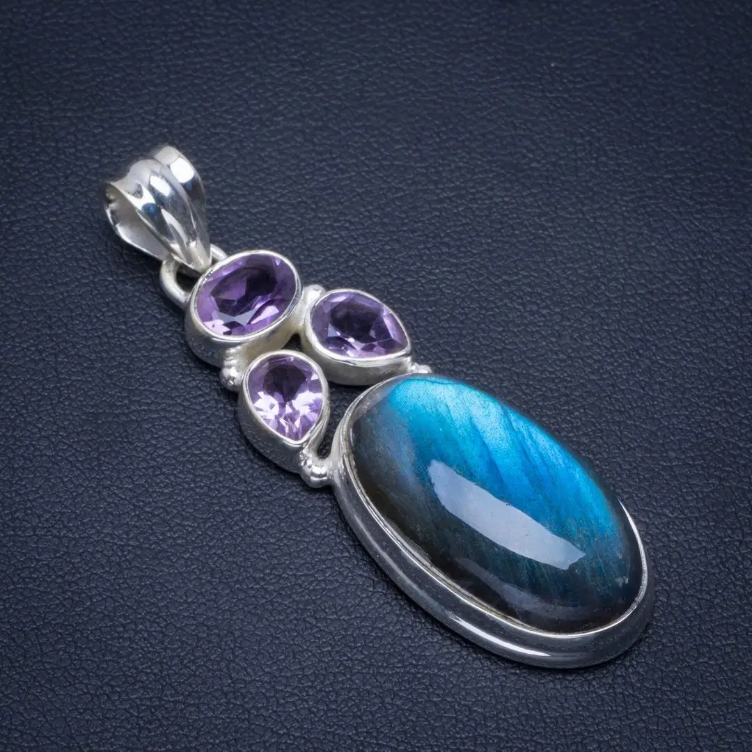 

Natural Blue Fire Labradorite And Amethyst Handmade Unique 925 Sterling Silver Pendant 2" B3138