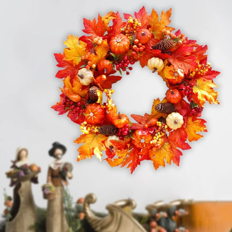 60CM Autumn Holiday Artificial Maple Leaves Pumpkin Wreath Thanksgiving Day Halloween Front Door Wall Hanging Garland