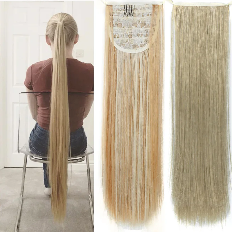 

Long Silky Straight Ponytails Clip In Synthetic Pony Tail Heat Resistant Fake Hair Extension wrap round hairpiece 18-32 inch