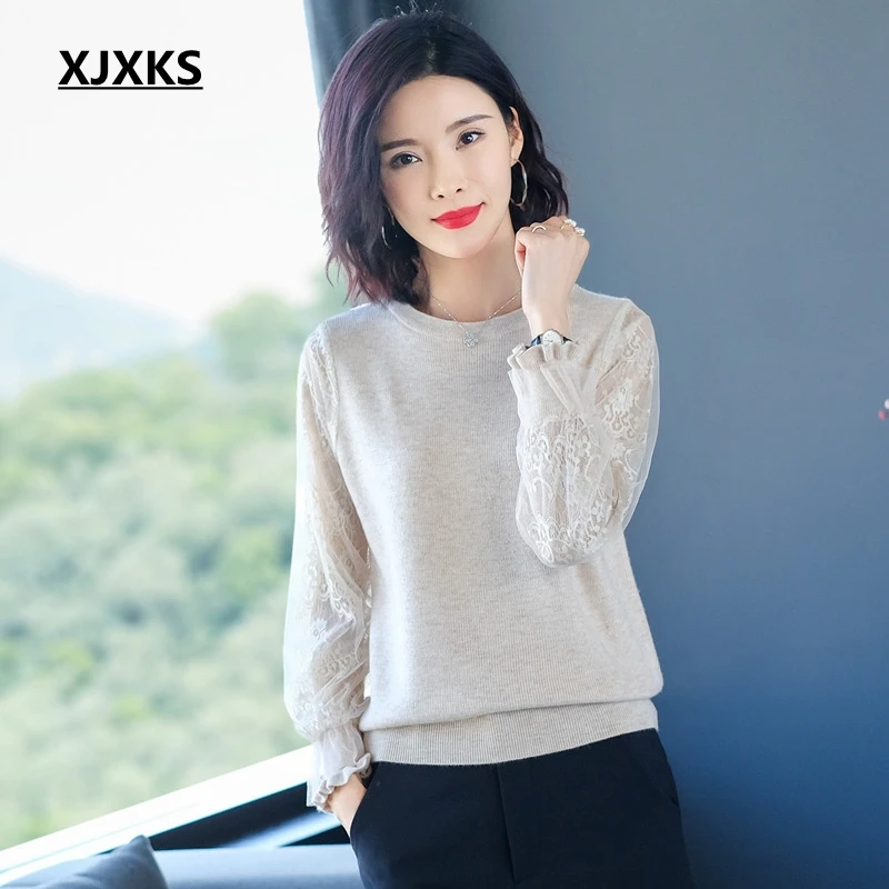 XJXKS 2020 Spring Autumn Korean Style Sweater Women Lace Sleeve Jumper And Pullover Knitted Pull Femme Tops | Женская одежда