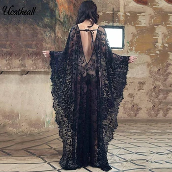 

Perspective Women Casual Lace Kimono Bat Sleeves Open Back Stitch Beach Cardigan Bikini Cover Up Beachwear Long Blouse