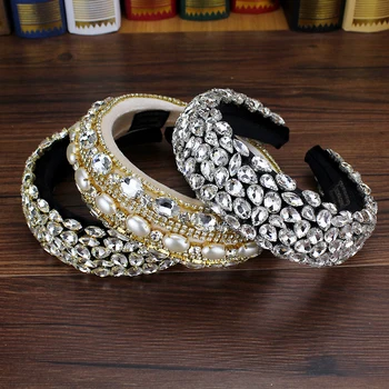 

Wide Gold Silver Color Full Crystal Padded Headband Rhinestone Pearl Baroque Hairband For Trendy Women Diamante Hair Accessories