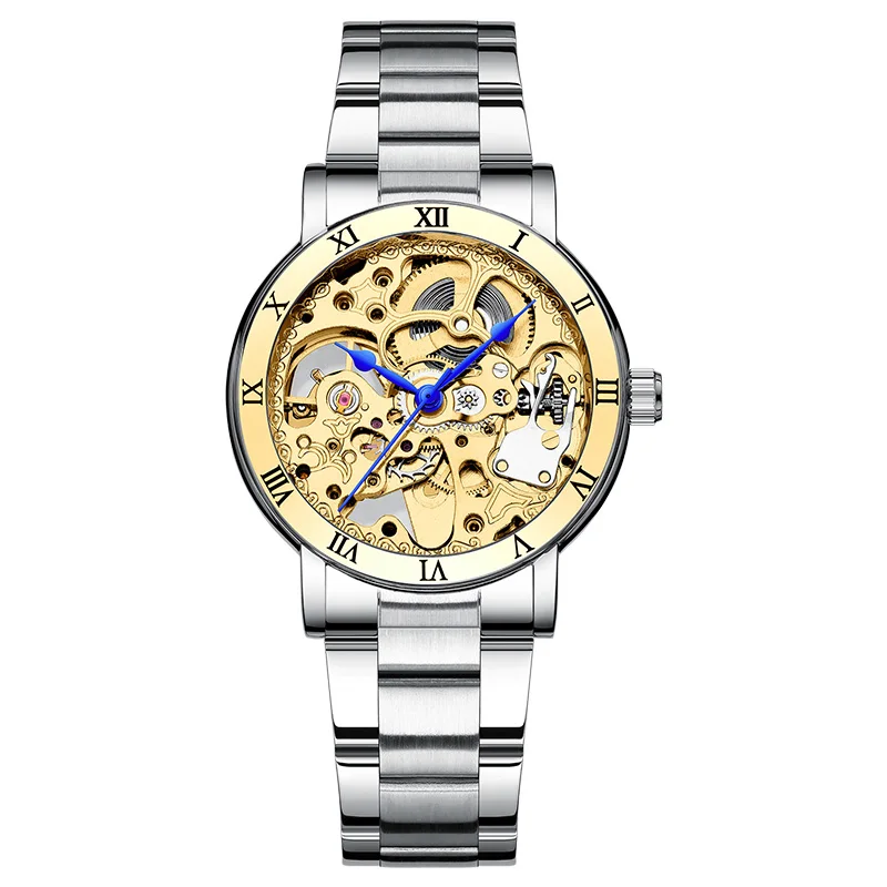 Новые модные золотые женские механические часы римский ободок скелет полый автоматический самоветер дамское платье кожаные Наручные часы