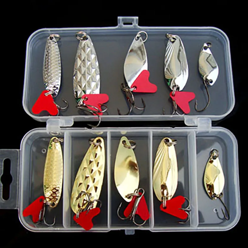 10PCS/Set Lure Metal Spinner Spoon Set Gold Fishing Sequins with Box Treble Hooks Tackle Hard Bait | Спорт и развлечения