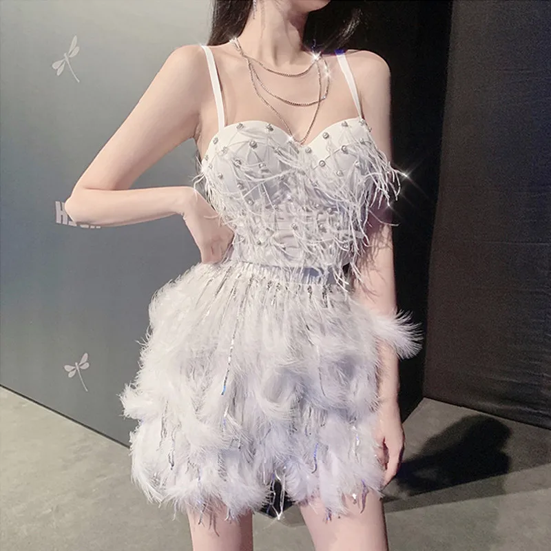 Women Two Piece Nightclub Patry Dress Set 2020 New Summer Sexy Tasseled Crop Tops Camis&ampFur Mini Skirt Suits 2pc Chic Sets | Женская