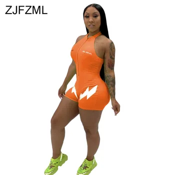 

Lightning Letter Print Sexy Beach Bodysuit Women Deep V Neck Sleeveless Short Playsuit Summer Zip Up Backless Club Party Romper