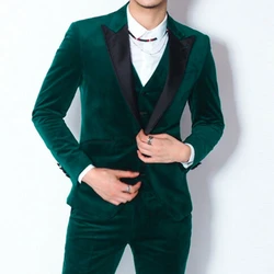 New Arrival Peak Lapel Design Men's Green Velvet Suits Custom Made Single Breasted Fashion Casual Wear Blazer 3 Pieces Skinny