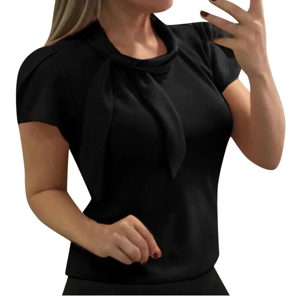 30# Женские Элегантные шифоновые рубашки с коротким рукавом и бантом, летние топы, офисные рубашки с коротким рукавом размера плюс для женщин - Цвет: Black