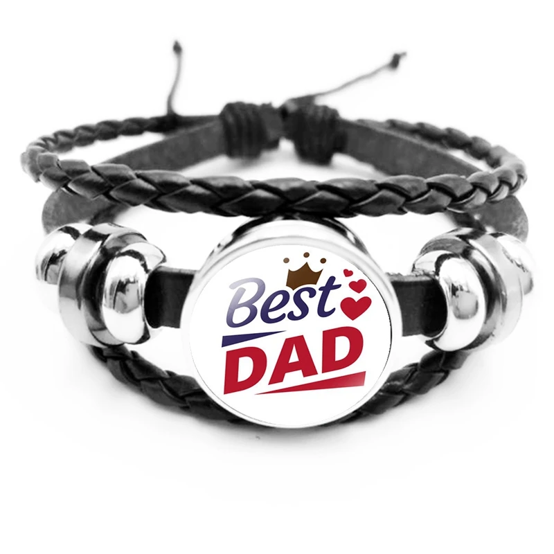 

Fashion Super Papa Glass Cabochon Snap Button Black Leather Braided Bracelet Father Jewelry Gift Bracelet