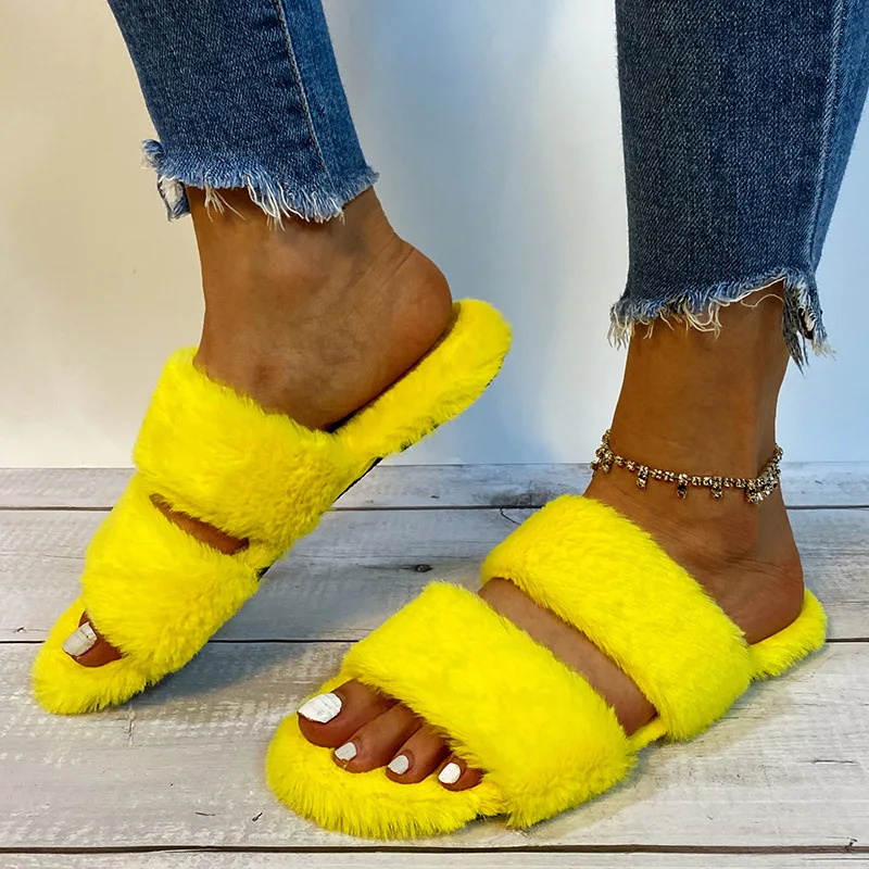 Women Fur Slippers Woman Slides 2020 Warm Plush Shoes Women