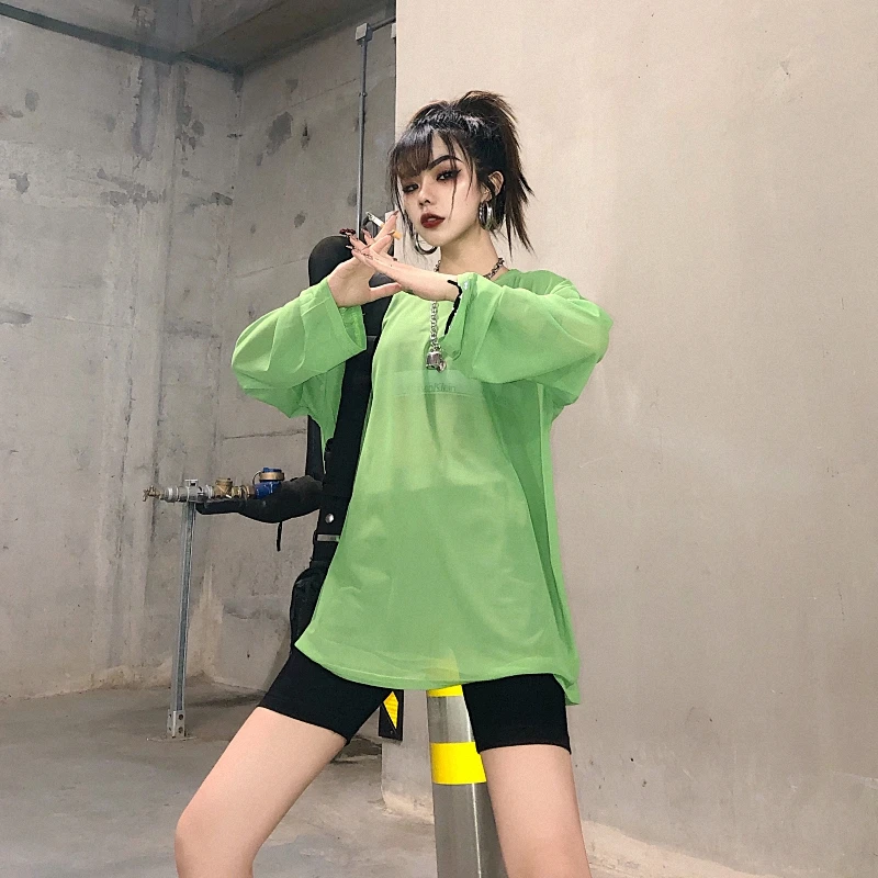 Lychee Harajuku прозрачная сетчатая женская футболка с длинным рукавом с принтом сзади Осенняя женская футболка свободные женские футболки