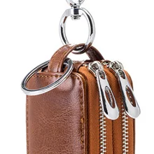 Натуральная коровья кожа, домашняя сумка для автомобильных ключей, двойной карман, мини-кошелек на молнии, земляной желтый цвет, Мужской Женский держатель для ключей, прозрачный карман