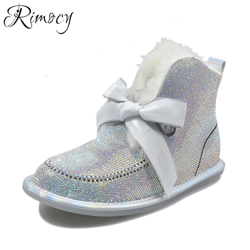 

Rimocy Bling Crystal Long Wool Snow Boots Women with Fur Inside Winter Ankle Boots Female Platform Rhinestone Shoes Woman Flats