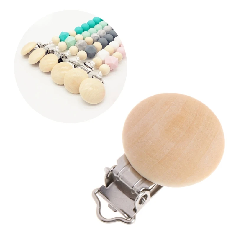 Natural Color Baby Pacifier Clips Round Wood Metal Soother Dummy Nipples Holders 23GD