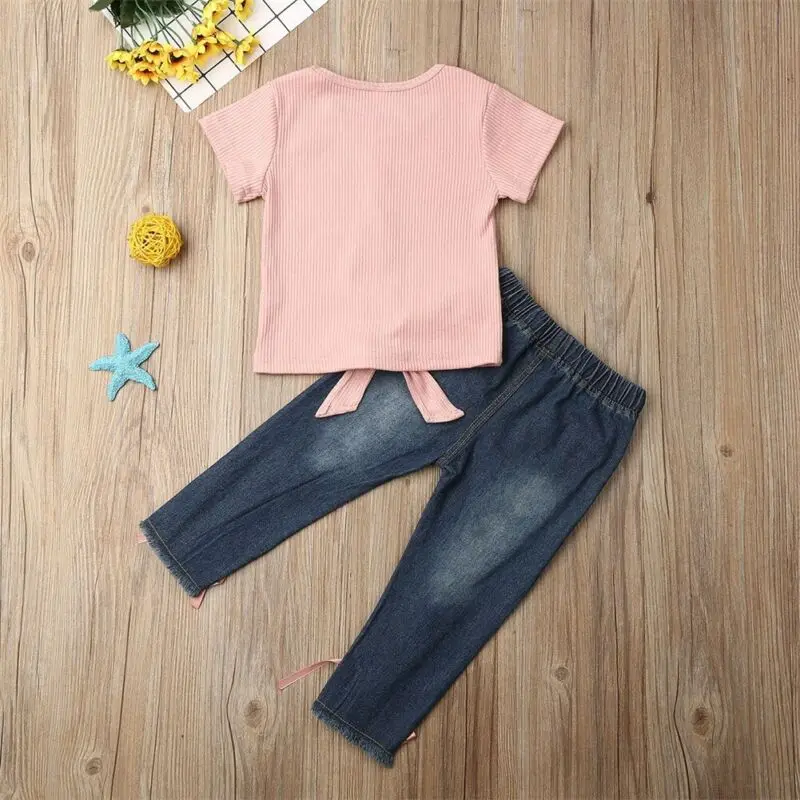 Emmababy, 2 предмета, модные комплекты одежды для маленьких девочек, рубашка, топ, длинные джинсовые штаны, Джинсовый комплект леггинсов, 18 мес.-5 лет
