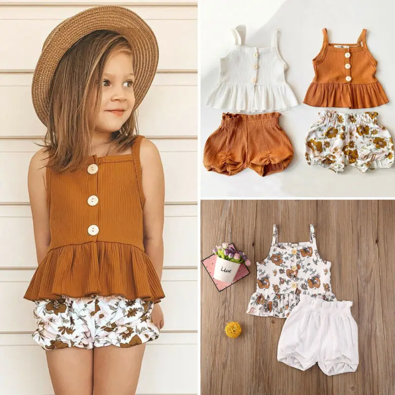 

Didi Kids 2PCS Kids Baby Girl summer Clothes Sleeveless Knitted Vest Tops Dress Flower Shorts Pants sweet girls Floral OutfitSet