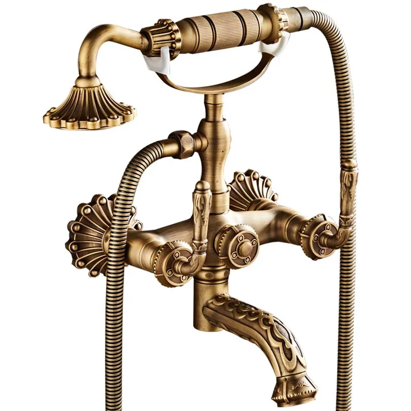 

Bathtub Shower Faucets Set Hot & Cold Bath Mixer Taps With Handheld Wall Mounted Dual Handles Antique Brass Carved Style