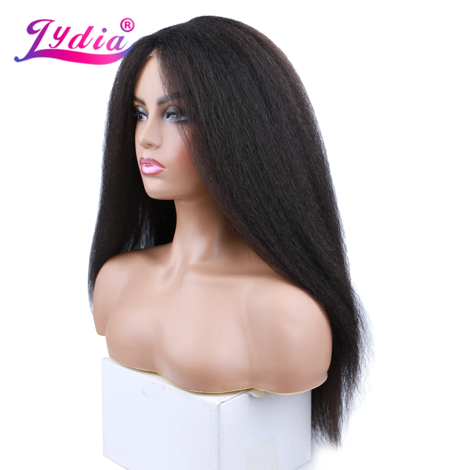 Lydia Long Kinky Straight Synthetic Wigs Front Lace Headline Hand-made Hair Daily&Party Wig 20In Free Side Black Brown