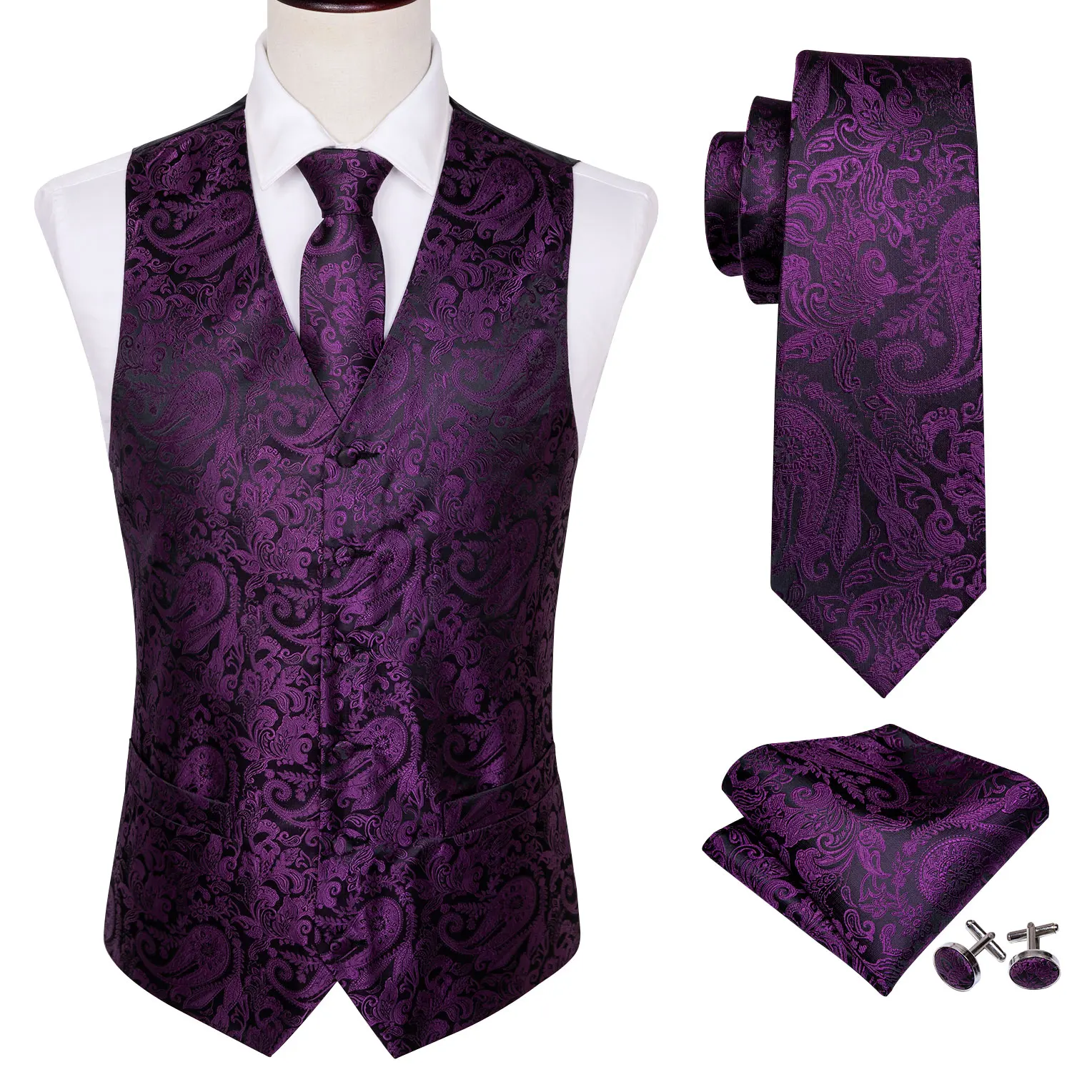 4PC Mens Silk Vest Party Wedding Purple Paisley Solid Floral Waistcoat Vest Pocket Square Tie Slim Suit Set Barry.Wang BM-2020