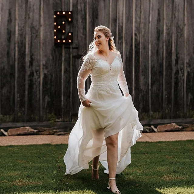 $US $79.94 Real Photo Wedding Dresses Cheap Long Sleeves Chiffon Beach Bridal Dress Backless V Neck Lace Appliques A Line Wedding Gown