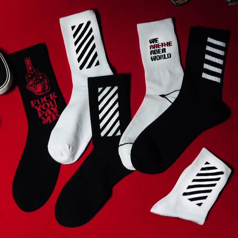 

Adult Mid Calf Short Crew Cotton Socks Middle Long Medius Fnger Zebra Crossing Stripe Stripes Arrow We World Street Fashion Wear