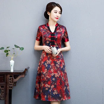 

Oversize 3XL-4XL V-neck Novelty Cheongsam Lady Flower Evening Party Gown Chinese Dress Vintage Button Improved Pleated Dresses