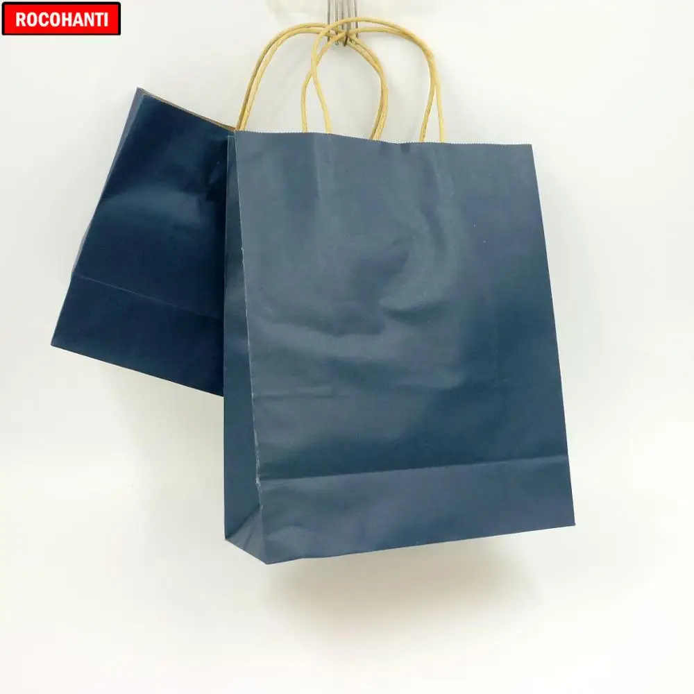 100X Заказная печать крафт-бумаги переносные бумажные мешки с логотипом Экологичная хозяйственная сумка темно-синего цвета